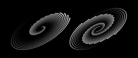 Halftone speed spiral set. White spinning dotted lines in perspective. Radial dot swirl elements for logo, print, poster, template, icon, banner. Round technology illustration. Vector pair