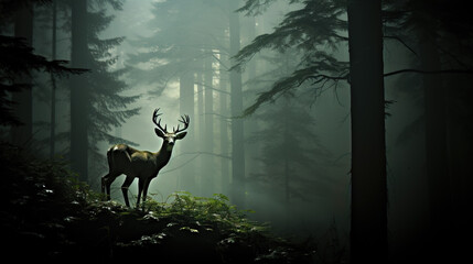 Silhouetted majestic deer standing in a misty forest with beams of light filtering through trees.