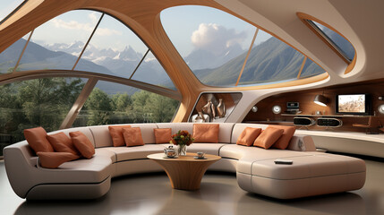 A luxurious and modern living room with curved furniture and panoramic windows offering a majestic mountain view.