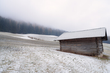 Traditiona alpine wooden hut on a snowy meadow surrounded by dense forest in the Alps on a foggy winter day