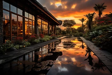 Foto op Canvas Tranquil tropical resort with reflection pool at sunset, showcasing warm colors and serene garden views. © Pavel