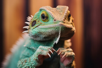 Close-up of a green iguana with detailed scales and spines, perched and staring forward.