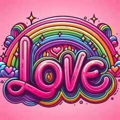 Love is love. Drawn word Love with rainbow in background and hearts and flowers