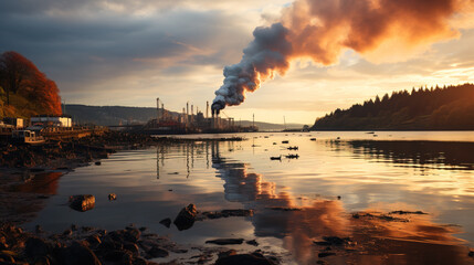 Industrial factory emitting smoke by a serene river at sunset, with the sky ablaze and reflections on water. - obrazy, fototapety, plakaty