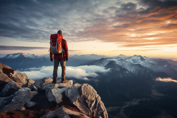 A mountain climber reaching the summit, overlooking a breathtaking landscape at sunrise - obrazy, fototapety, plakaty
