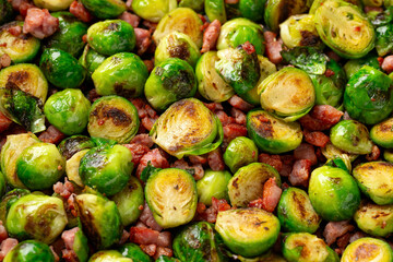 Delicious Brussels sprouts with bacon. Roasted in oven.