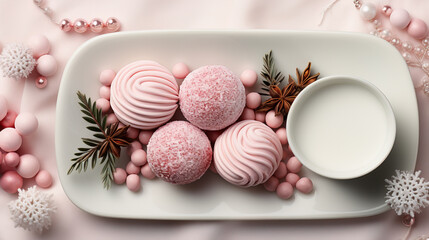 An overhead shot of pink macarons and a glass of milk on a festive plate with pearls and snowflakes, embodying a cozy holiday spirit.