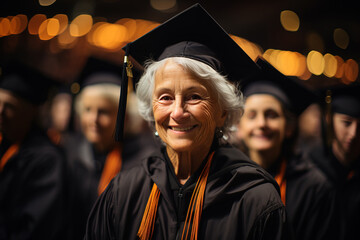 Fototapeta premium A senior woman in a graduation cap and gown smiles proudly, with other graduates blurred in the background.