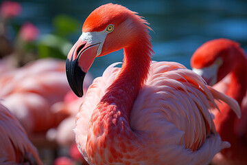 Close-up of a vibrant pink flamingo with detailed plumage, focused eyes, and a blurred background.