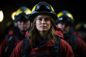 Female firefighter with determined gaze, wearing safety gear, in focus against a blurry team background.