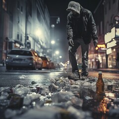Fentanyl drug crisis, urban street. A homeless addict standing next to a large pile of trash scattered on the ground. Post apocalyptic night modern city. Zombie - obrazy, fototapety, plakaty
