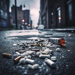 Fentanyl drug crisis, urban street. A large pile of empty capsules and bottles scattered on the ground. Post apocalyptic modern city. Raining