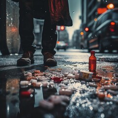 Fentanyl drug crisis, urban street. An addict standing next to a large pile of capsules scattered on the ground. Post apocalyptic modern city. Raining - obrazy, fototapety, plakaty
