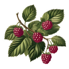 branch with raspberry vintage illustration drawing. Isolated on transparent background