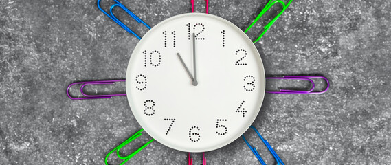 11 o'clock. Banner. Study or business time. Clock  with white clock face on dark background with...