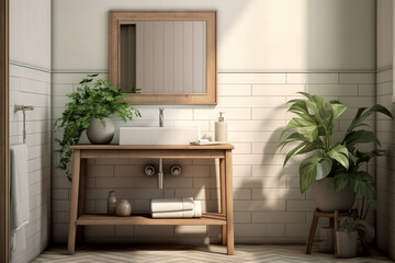 a simple bathroom with white tile and plants, in the style of photorealistic scenes