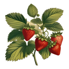 branch with strawberry vintage illustration drawing. Isolated on transparent background