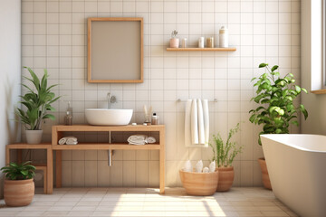 Fototapeta na wymiar a simple bathroom with white tile and plants, in the style of photorealistic scenes