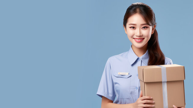 Asian woman in postal officer uniform isolated on pastel background