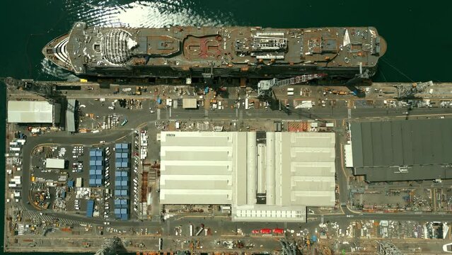 Two new cruise ships under construction in the shipyard in Monfalcone, Italy. Aerial top down view