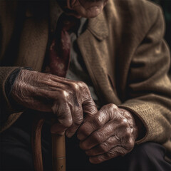 wrinkled hands of an old man leaning on a stick close-up. concept of loneliness and old age