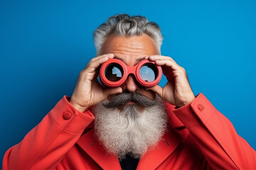  gray bearded man in a red jacket with binoculars on a blue background. the concept of discounts and travel. 