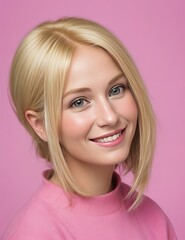 portrait of a pretty blonde woman in pink dress on a pink background