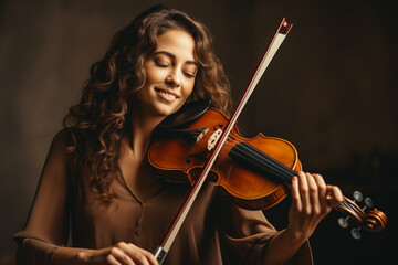 A woman skillfully playing a violin, her eyes closed as she feels the music