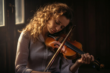 A woman skillfully playing a violin, her eyes closed as she feels the music