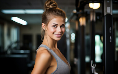 Fototapeta na wymiar Happy nice young woman in a gym.