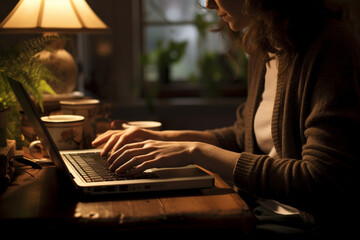 A writer deeply engrossed in typing a novel on a laptop, her fingers moving swiftly