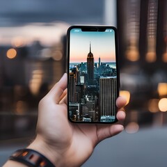 A smartphone held in someones hand with a customizable city skyline mockup in the background2