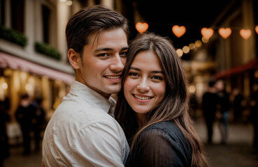 Loving young couple hugging and smiling together on street background, celebrating Valentine's Day, close up photo

