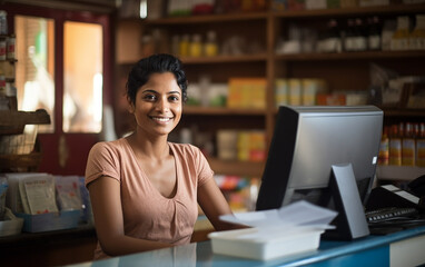 Indian smiling woman working as a cashier in the store - Powered by Adobe