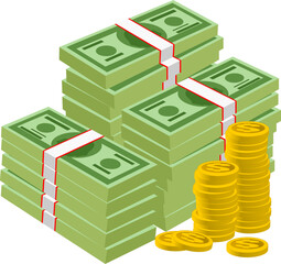 Stacks of money depicting success and wealth on isolated transparent background