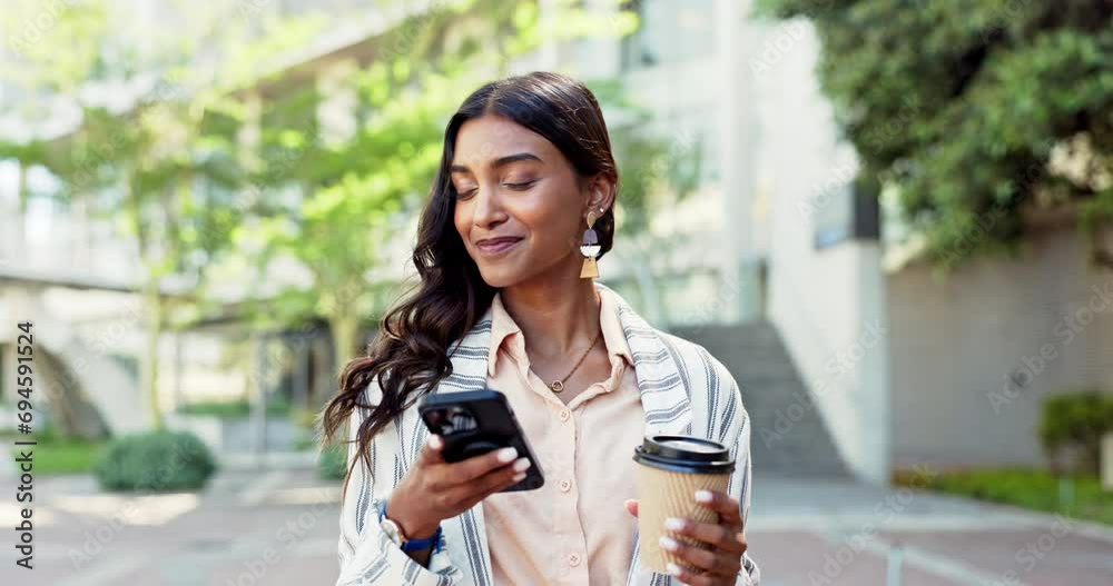 Canvas Prints Businesswoman, cellphone and coffee on online travel communication, working connection urban professional. Indian woman, mobile device and caffeine drink on bridge for texting, corporate or walking