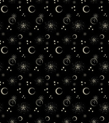 Celestial Stars and Moon on Black Seamless Pattern