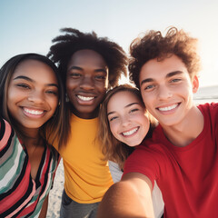 Four diverse Gen Z friends taking outdoor group selfie at the beach wearing bright colors. Summer fun, beach party, student travel, road trip, diversity. Square, social media. Group portrait.