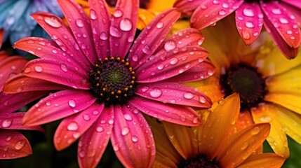 Close up of a bunch of bright colorful flowers with water droplets. Generative AI