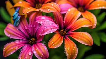 Close up of a bunch of bright colorful flowers with water droplets. Generative AI