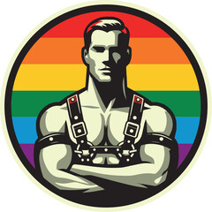 Gay man in a leather harness. Round graphic LGBTQ symbol (Vector graphics) - obrazy, fototapety, plakaty