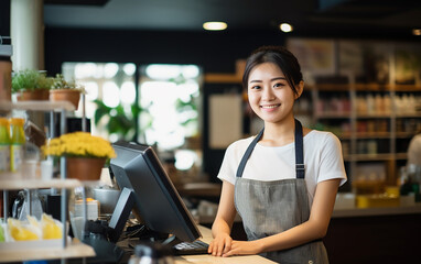 Asian smiling woman working as a cashier in the store