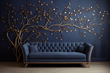 A 3D intricate pattern of an alder tree, its catkins and rounded leaves creating a natural look against a cream-colored wall, accompanied by a dark blue sofa. - obrazy, fototapety, plakaty