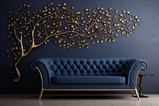A 3D intricate pattern of an alder tree, its catkins and rounded leaves creating a natural look against a cream-colored wall, accompanied by a dark blue sofa.