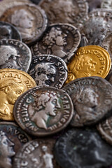 A treasure of Roman gold and silver coins.Trajan Decius. AD 249-251. AV Aureus.Ancient coin of the...