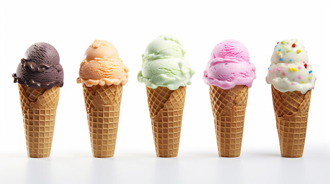 Assorted ice cream in sugar cones on white background. generative ai