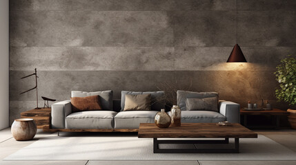 Modern living room with white couch, wall, table and lamp, in the style of dark gold and dark beige