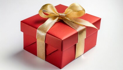 Fototapeta premium Red gift box wrapped with gold bow and ribbon isolated on white background. 