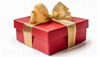 Obraz premium Red gift box wrapped with gold bow and ribbon isolated on white background.