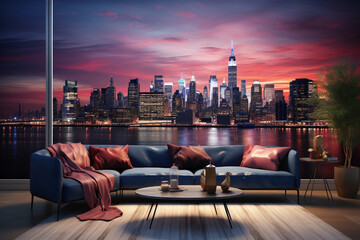 A high-end living room with a 3D intricate colorful wall featuring a vibrant, artistic skyline at dusk.